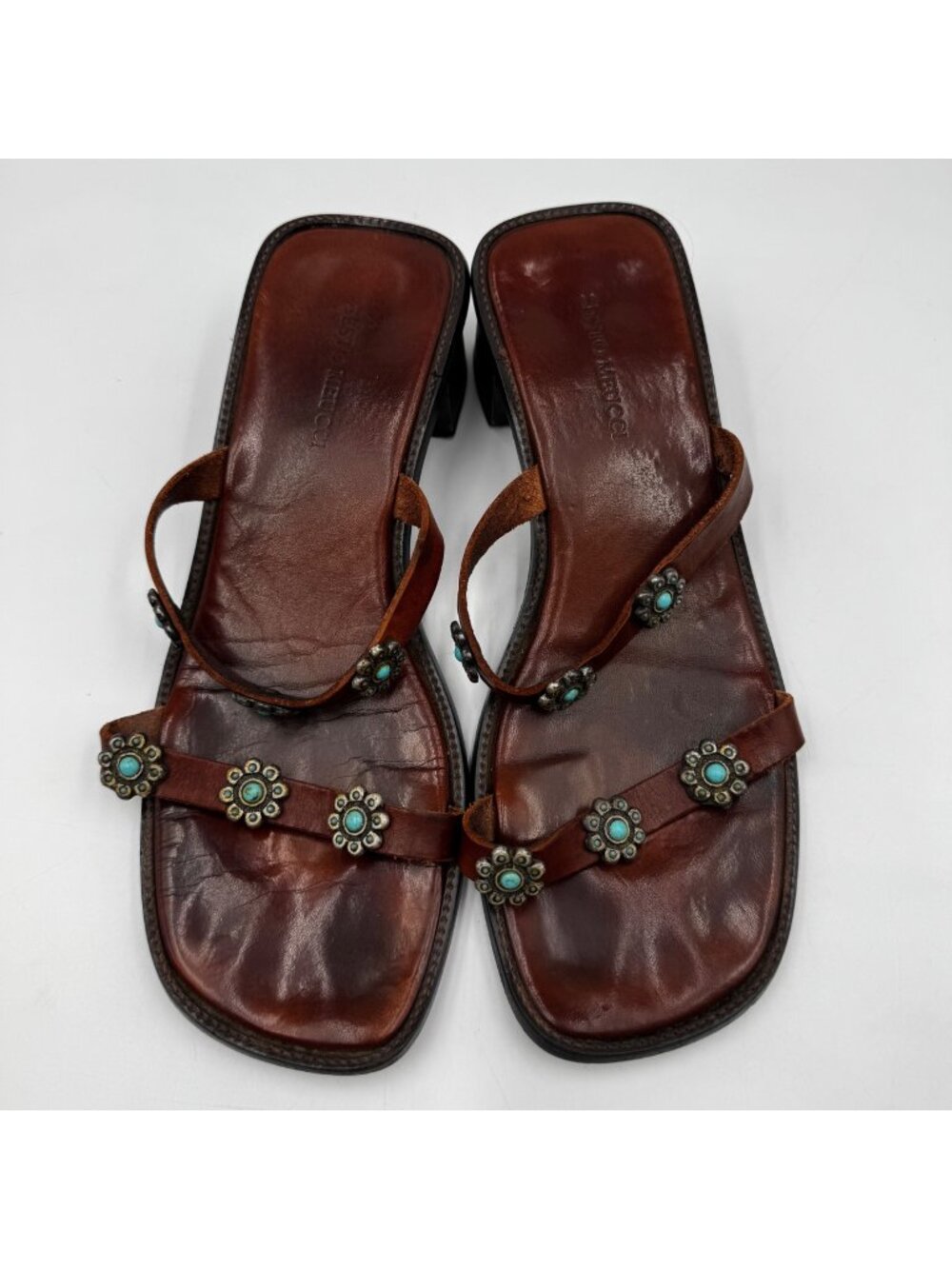 Sesto Meucci Brown Leather Turquoise Concho Slide Sandals Women's 9 Block Heel